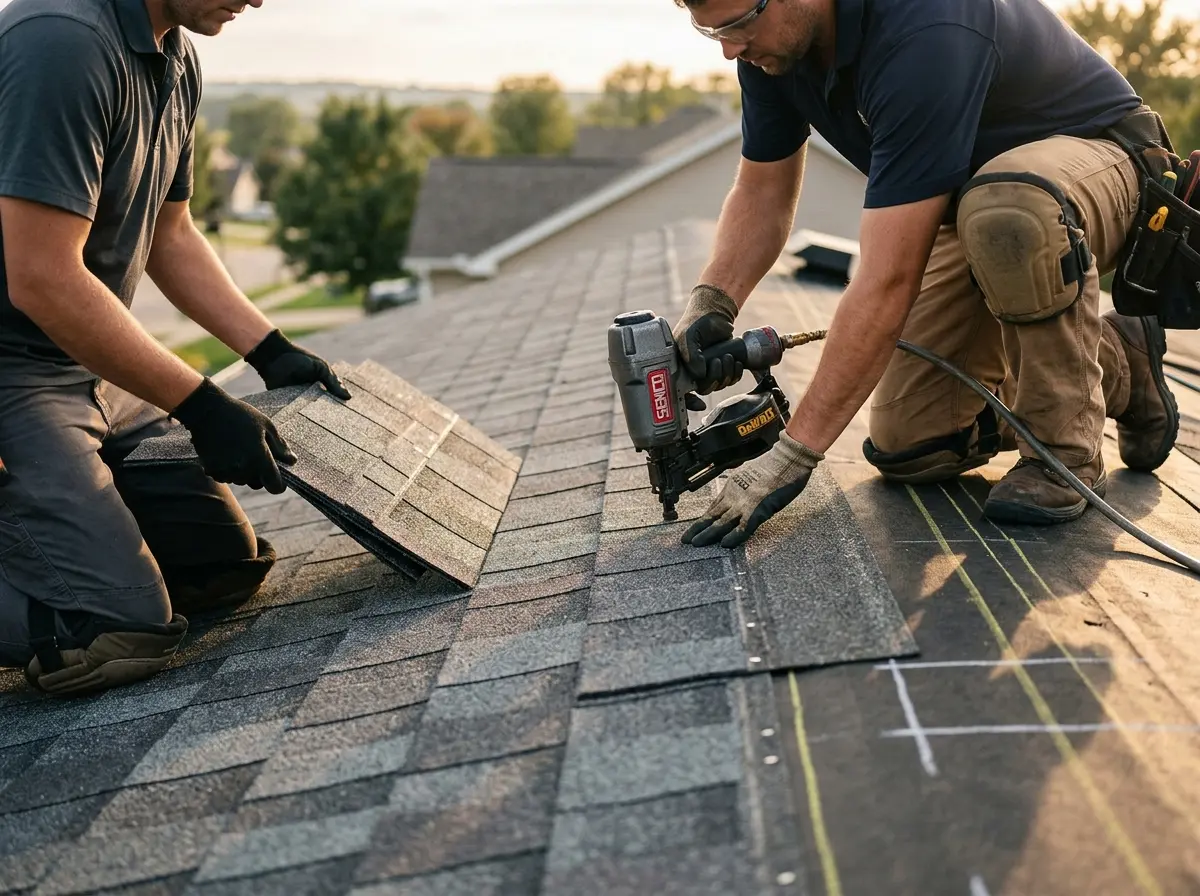Professional roofer working on a residential roof in Templeton
